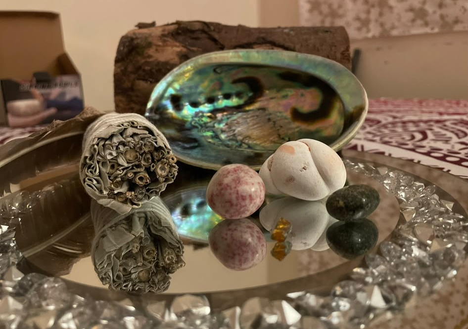 Sage bundle with abalone shell and crystal spheres