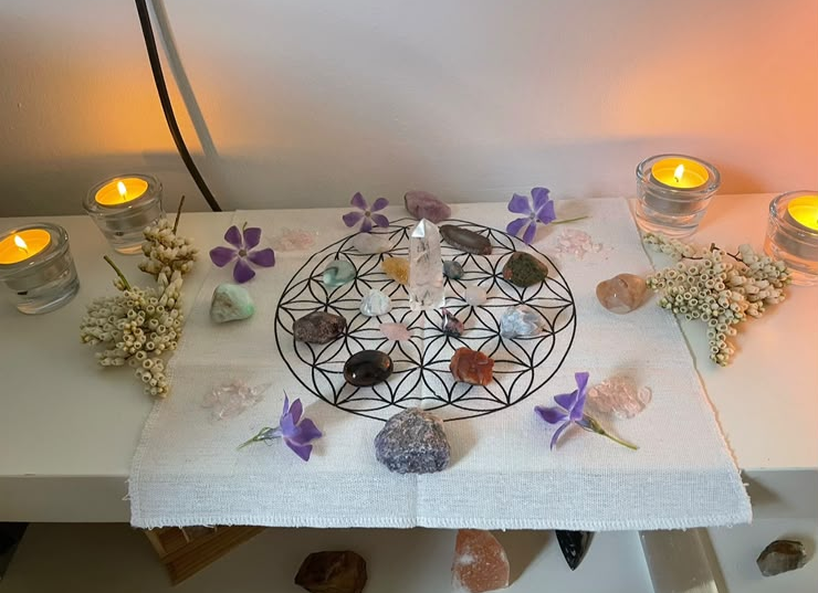 Flower of Life crystal grid with tumbled stones
